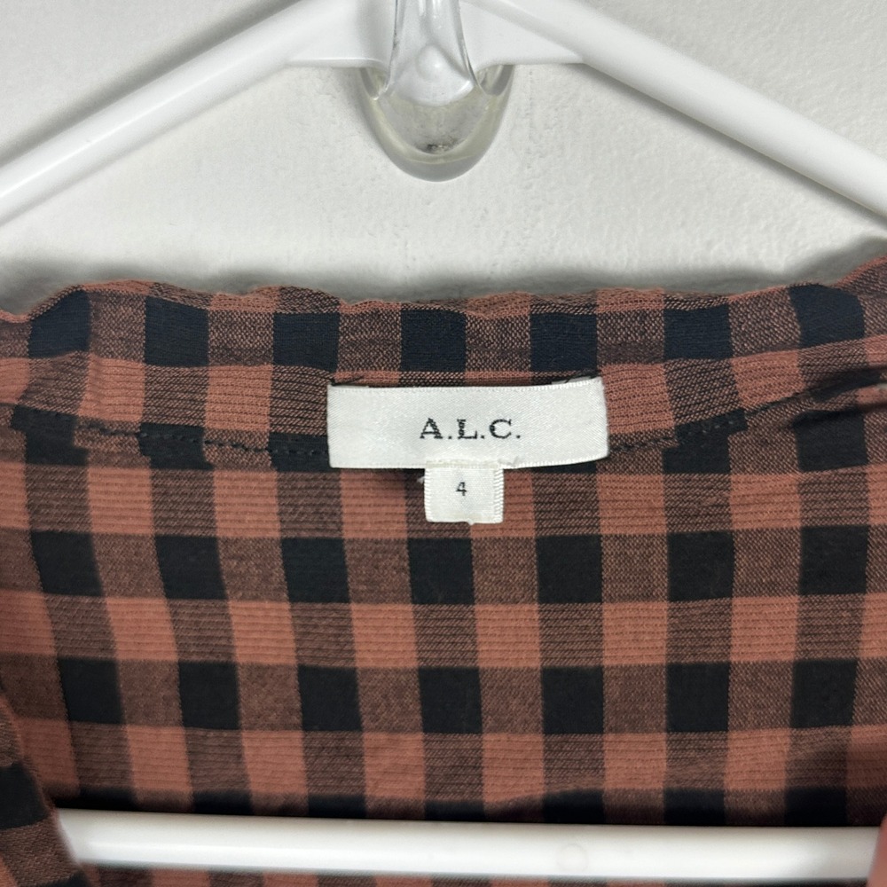 ALC Oryn Black Brandy Brown‎ Top Womens Sz 4 Ruched Long Sleeve Plaid Check Boho - Picture 4 of 16
